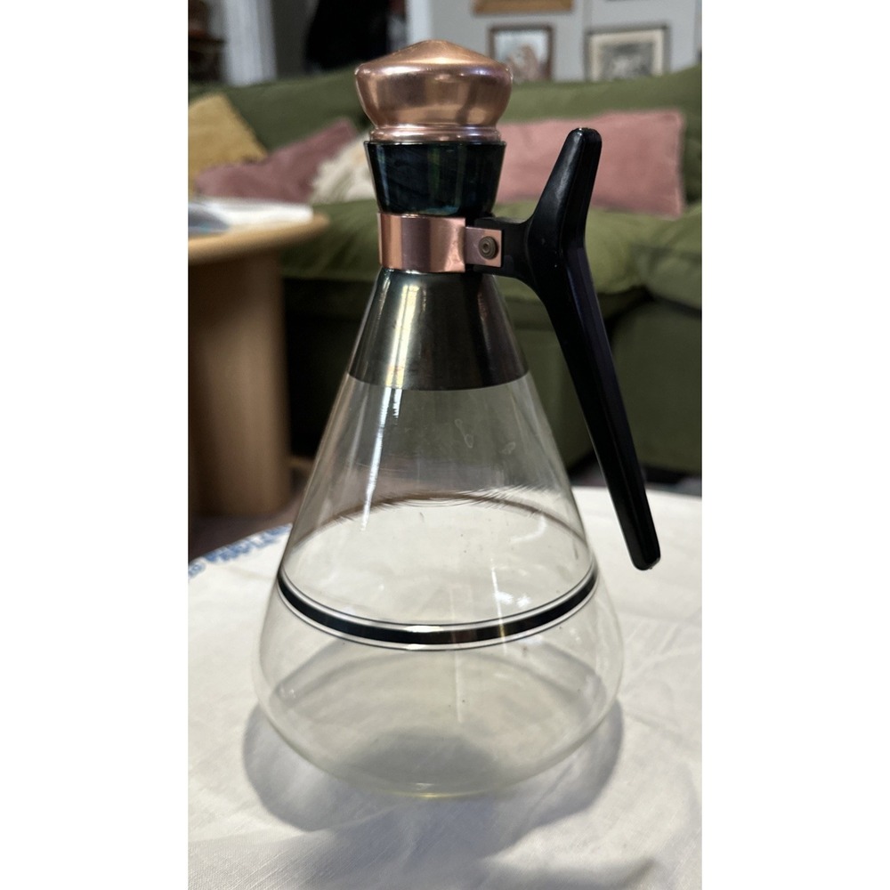 Vintage Mid-Century Glass Carafe Copper Top Coffee Juice Water Pitcher-